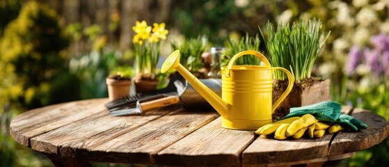 The yellow watering can on a rustic wooden table with spring gardening gloves