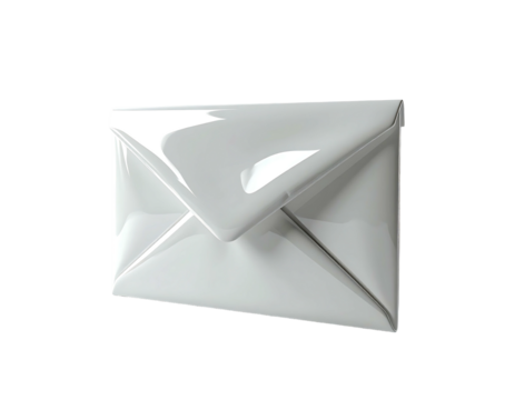 Glossy white envelope, realistically rendered, with a slight perspective and subtle highlights, suggesting a digital illustration or 3D render of a sealed message