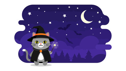 Mystic Cat's Halloween Night: A whimsical illustration depicts a charming cat dressed as a wizard, casting spells under the moonlit night sky. Enchanting and festive.