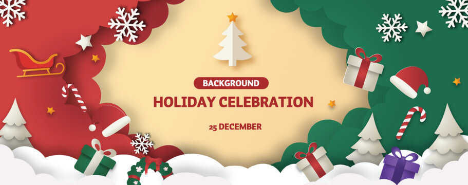 christmas banner or party invitation background with gifts, santa hat, sleigh, candy canes and snowflakes in paper cut style. beige center with red and green clouds festive sides, stars and christmas 