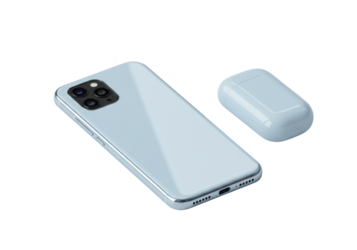 A sleek pale sky-blue smartphone with triple camera and blank screen next to a minimalist wireless earbud case, isolated on a transparent studio background concept of modern minimalist technology