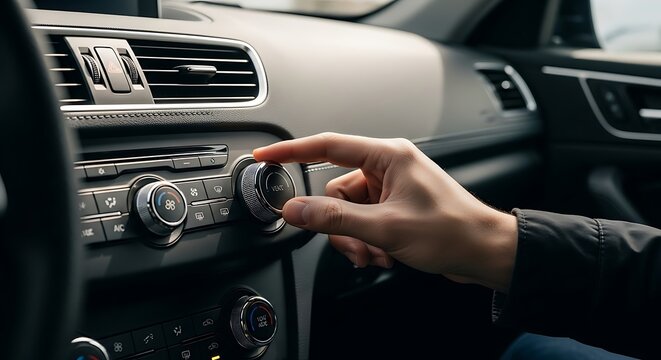 Close-up shot of a driver's hand adjusting the climate control knob on the dashboard of a modern car for temperature regulation