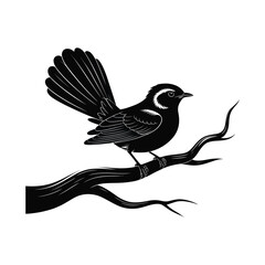 Fototapeta premium Bird on Branch Silhouette Illustration Vector: A Black Bird Perched on a Detailed Branch, Featuring Intricate Feather Details and a Clean White Background