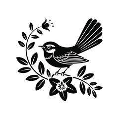 Fototapeta premium Elegant Bird Silhouette Illustration on Floral Branch Black Vector Design: A Detailed Depiction of Nature's Beauty in a Striking Monochrome Style