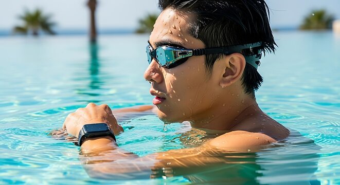 Man wearing smartwatch and goggles in swimming pool.