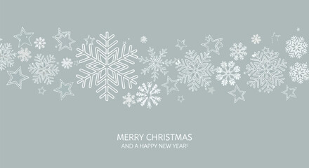 Christmas background with snowflakes and stars on a gray background.