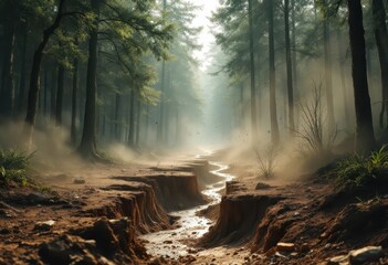 A sun-drenched, misty forest path winds through a ravine, bathed in soft light and tranquil atmosphere.