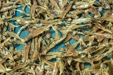 Dried fish sea foods on a blue surface, slender and curled delicious food