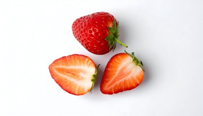 Three fresh strawberries, two whole and one halved, arranged on a white surface