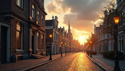 Naklejka premium Golden hour illuminates historic Dutch street scene. Cobbled road, ornate building facades, street lights create warm atmosphere. European architecture, city lights, sunset sky, brick stone