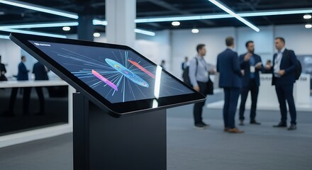Modern business professionals engaging with an interactive digital screen showcasing innovative data visualization at a technology trade show, fostering connections and exploring advancements