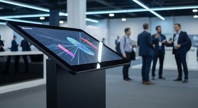 Modern business professionals engaging with an interactive digital screen showcasing innovative data visualization at a technology trade show, fostering connections and exploring advancements