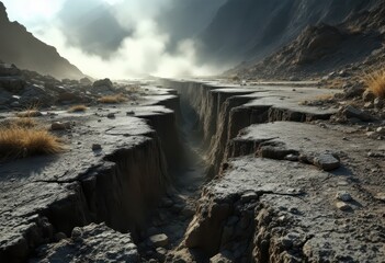 A vast, cracked chasm cuts through a dry, rugged landscape, illuminated by a soft, ethereal light.