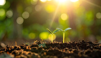 Close-up of tiny sprouts emerging from soil with sunlight streaming through the leaves in the background