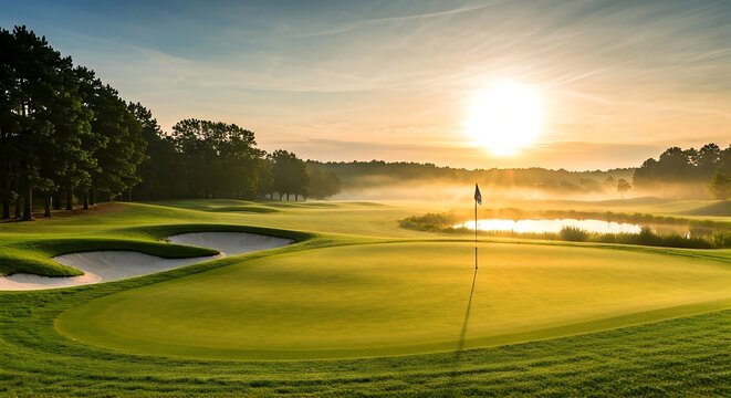 Serene golf course at sunrise with a golfer in the distance