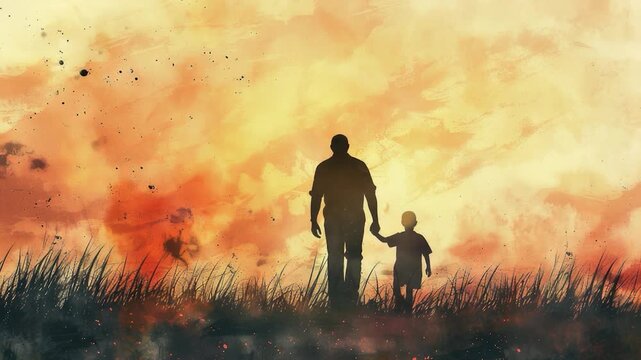 A father-son duo stroll through a lush green meadow, enjoying quality time together