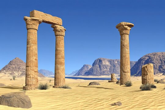 Ancient pillars in a desert landscape under a clear blue sky