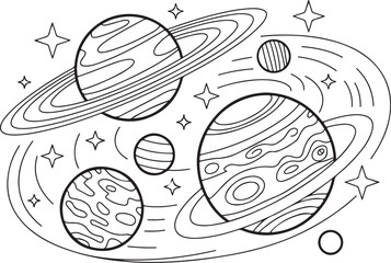 Solar System Planets Line Art Vector, Space Coloring Page Illustration for Kids, Educational and Printable Design © MdAbul