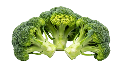 Close-up of three broccoli florets, vibrant green, arranged in a symmetrical cluster against a black background