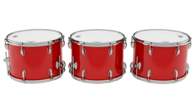 Three bright red marching drums in a row