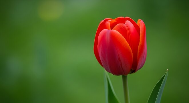 Single Red Tulip Flower in Green Background.
