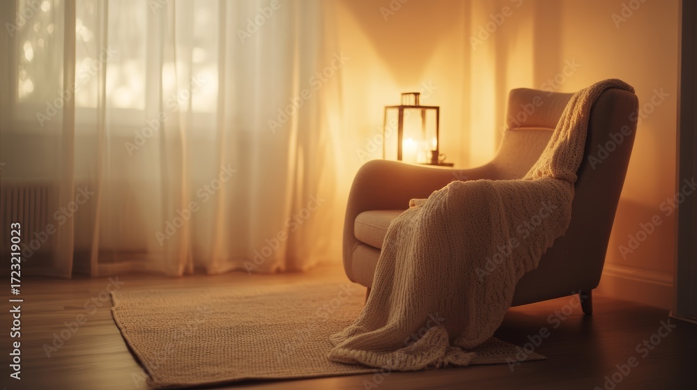 Poster chair with a blanket draped over it sits in a room with a window. the room is dimly lit, creating a 