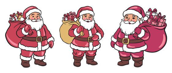 Vector illustration of three cartoon Santa Claus characters in red suits with gift bags. Christmas holiday design for cards, posters, decorations, and festive projects