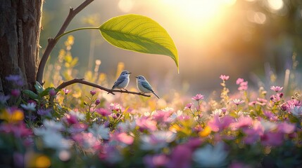 Two delicate birds perch on a branch amidst a vibrant field of flowers bathed in golden sunlight.