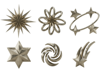 Six polished metallic 3D abstract shapes, reflective and pristine, in a minimalist studio, transparent background. Modern concept of success and achievement