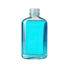 Rectangular, clear glass bottle filled with bright turquoise liquid, capped with a clear plastic cap