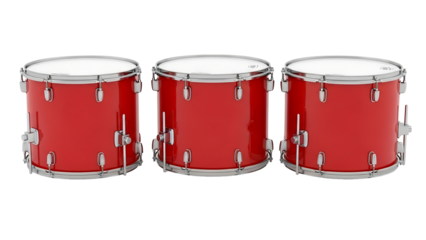 Three red snare drums in a horizontal row