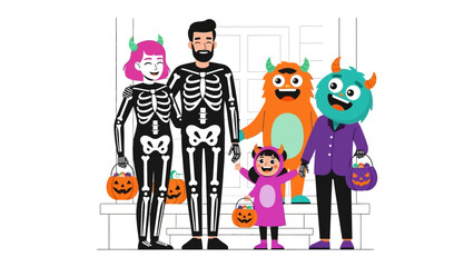 Festive Halloween Family: A lively illustration depicts a family dressed in Halloween costumes, radiating spooky charm and togetherness. Each member.