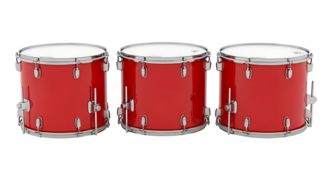 Three red snare drums in a horizontal row
