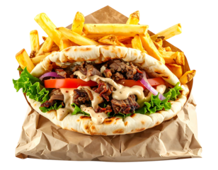 Sliced meat, tomato, onion, lettuce in pita bread, topped with fries and creamy sauce, served on brown paper
