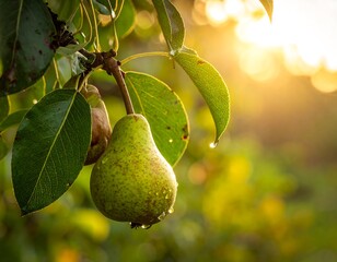 Pears on a tree branch at sunset