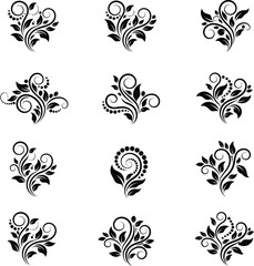 Fototapeta premium Collection of twelve elegant black floral ornamental design elements and decorative flourishes for graphic design