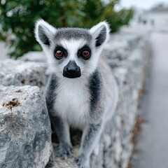 Obraz premium Ring Tailed Lemur Staring Directly Into Camera on Stone Wall with Blurred Foliage Background
