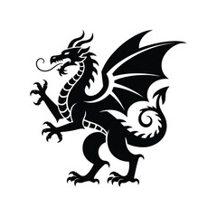 Dragon Silhouette Illustration Vector Black Design: A Regal Dragon Standing Tall, Wings Partially Spread, in a Striking Black Silhouette Vector