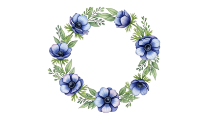 Floral wreath of periwinkle anemones and foliage
