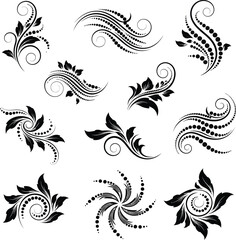 Fototapeta premium Collection of elegant black floral and swirling decorative elements with leaf and dot patterns on white background