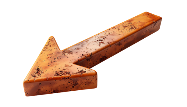 Rustic, orange-brown, three-dimensional arrow pointing diagonally down and left, exhibiting a textured, possibly metallic or stone, surface