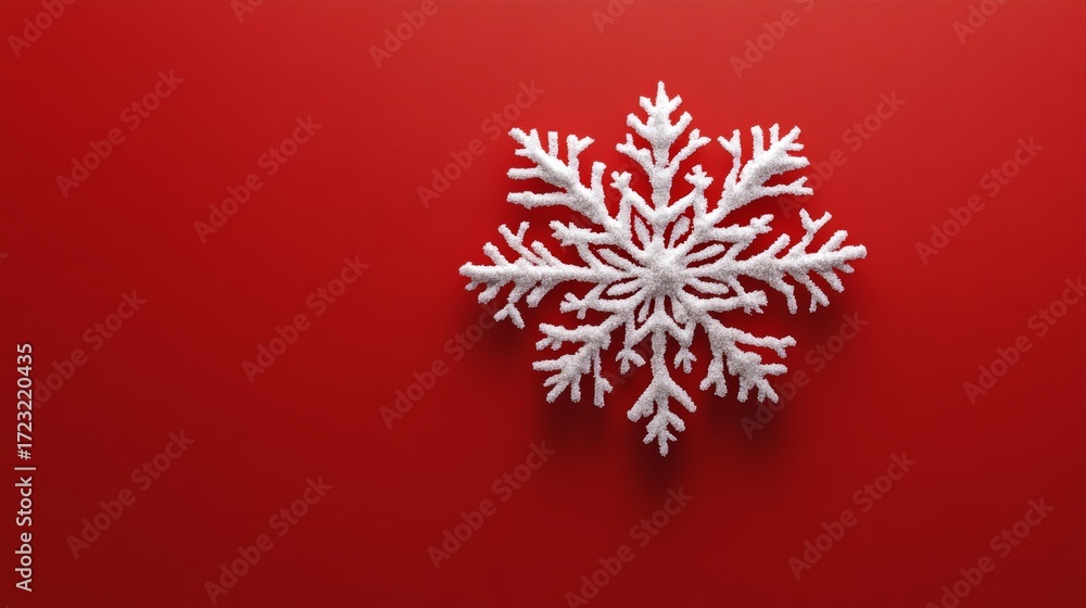 Poster snowflake is on a red background. the snowflake is white and has a lot of detail