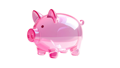 A glossy, pink, translucent piggy bank, rendered in 3D, sits against a black background, showcasing a shiny, almost glass-like texture