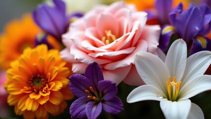 Vibrant bouquet of colorful flowers in close-up, showcasing delicate petals and rich hues.