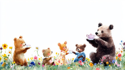 Charming scene featuring adorable bears enjoying tea party in vibrant flower field, radiating joy and whimsy
