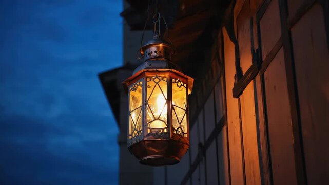 A dimly lit lantern on a rustic barn wall, creating a warm and cozy ambiance at dusk.
