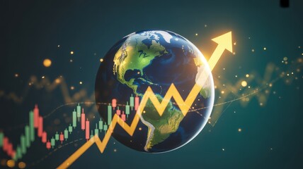 Global Growth and Prosperity: An illuminated globe, entwined with a rising arrow, against a backdrop of financial graphs, captures the essence of global economic expansion and prosperity.