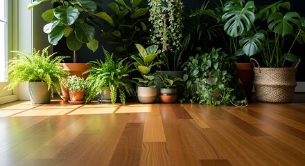 Obraz premium Lush indoor plants bathed in warm sunlight on a polished wooden floor.