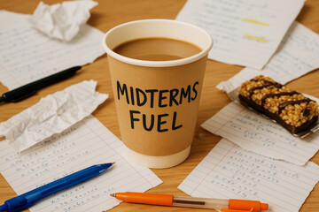Cup labeled Midterms Fuel surrounded by study materials, pens, crumpled notes and snack bar for exam preparation.
