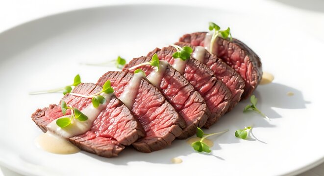 Sliced Medium-Rare Steak with Sauce and Microgreens A Culinary Delight on a White Plate